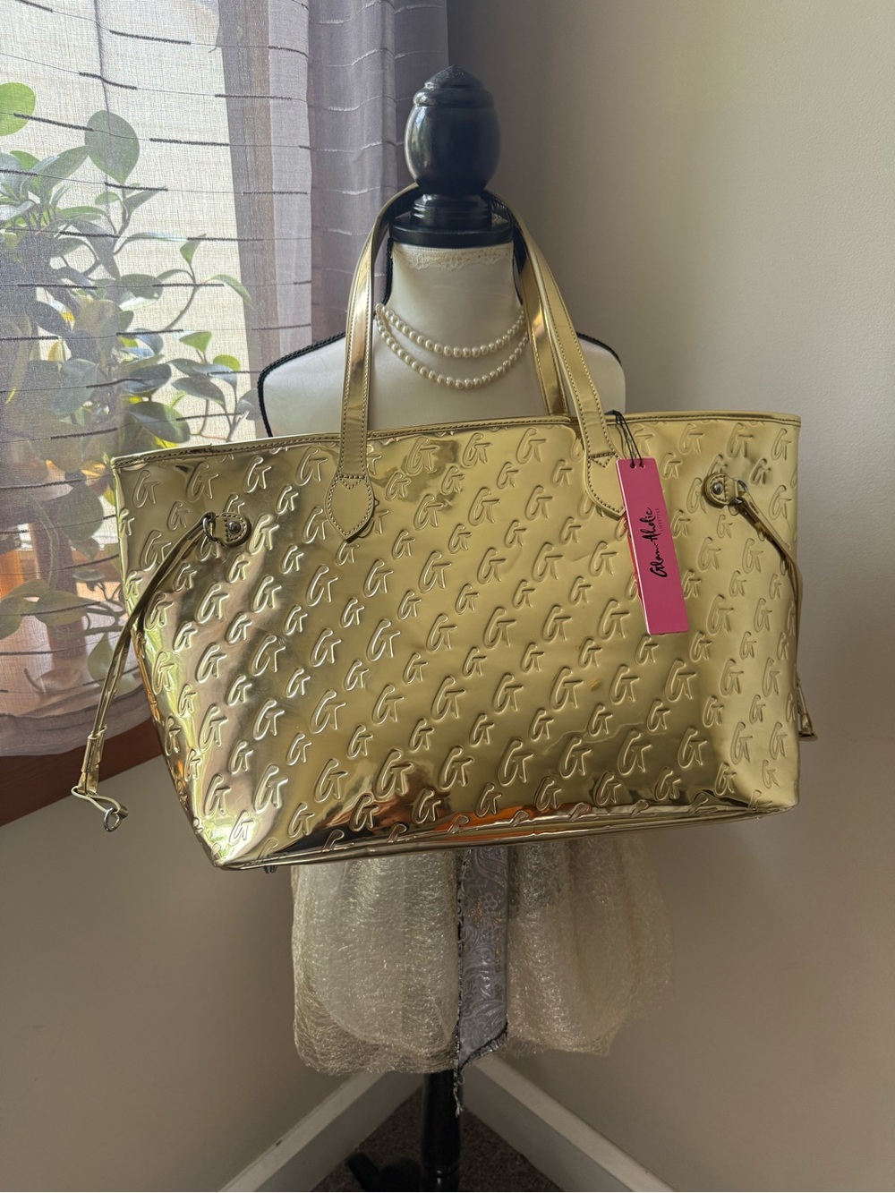 Glamaholic Metallic Gold Tote Bag with Embossed Pattern